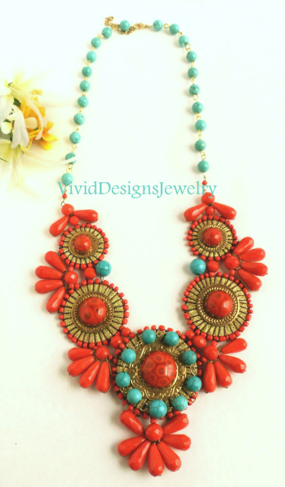 Turquoise and Coral Necklace - Tribal Necklaces -Coral and Blue Statement Necklace