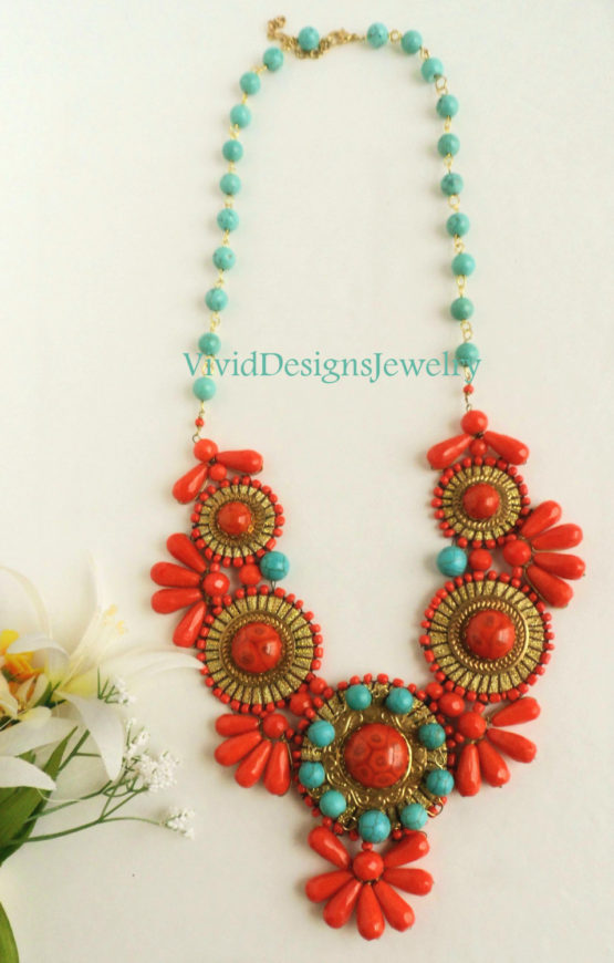 Turquoise and Coral Necklace - Tribal Necklaces -Coral and Blue Statement Necklace