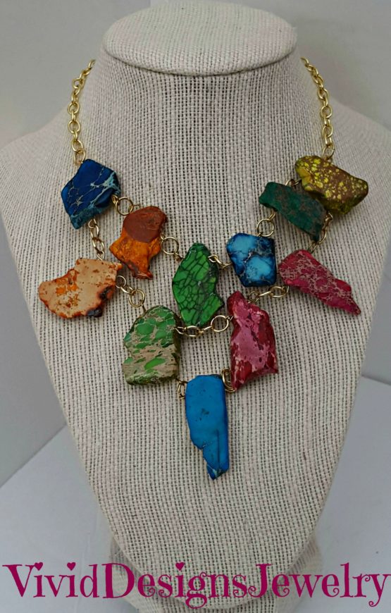 Turquoise Multicolor Statement Necklace -Rainbow Dangle Bib Stone Necklace