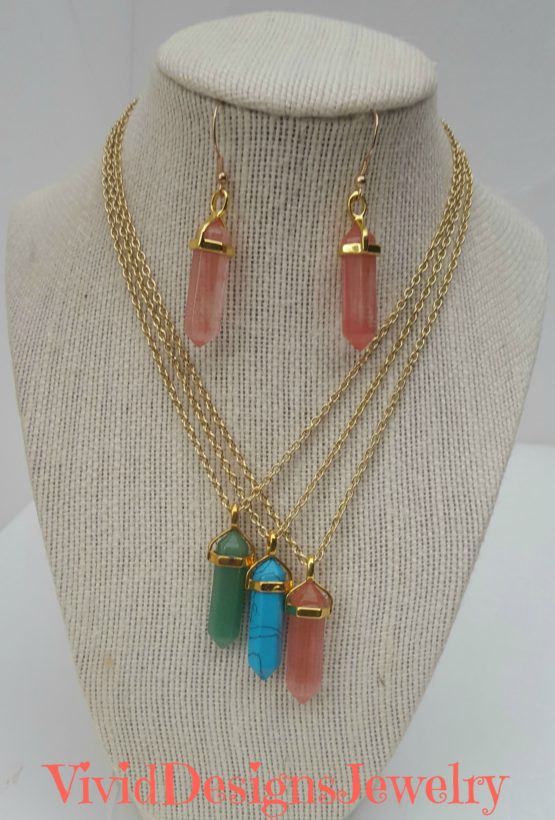 Crystal Quartz Statement Necklace Earring Set Green Turquoise Coral Multi Color