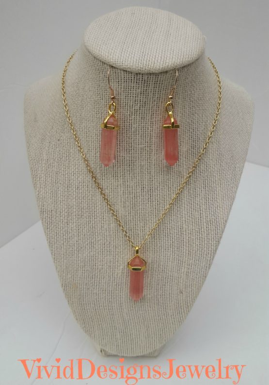 Coral Quartz Briolette Statement Necklace -Earring Set Crystal Coral Drop Necklace