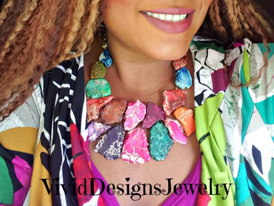 Turquoise Multicolor Rainbow Statement Necklace -Turquoise Bib Jewelry Stone Necklace