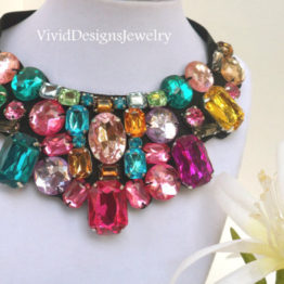 Rainbow Crystal Statement Necklace -Multi color Luxury Chunky Bib Necklace