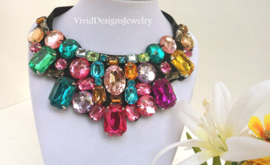 Rainbow Crystal Statement Necklace -Multi color Luxury Chunky Bib Necklace