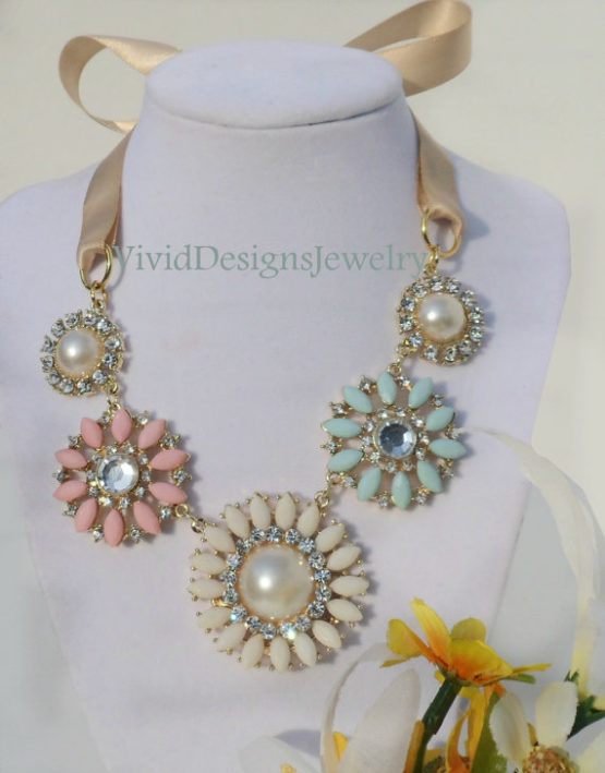 Crystal Statement Necklace -Seafoam-Green-Pink & Cream-Multi-Color Crystal Flower Briolette Necklace