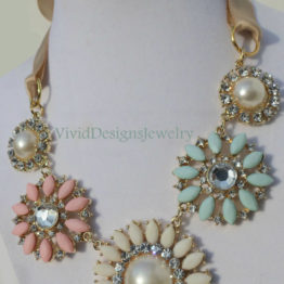 Crystal Statement Necklace -Seafoam-Green-Pink & Cream-Multi-Color Crystal Flower Briolette Necklace