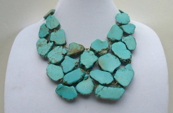 Set of bohemian teal acrylic multi-strand faux stone beaded layering statement  necklaces