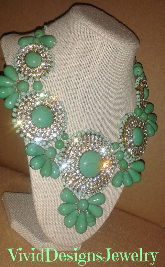 Seafoam Crystal Bib Statement Necklace Mint Green Chunky Bib Bubble Necklace