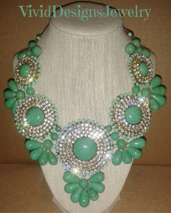 Seafoam Crystal Bib Statement Necklace Mint Green Chunky Bib Bubble Necklace