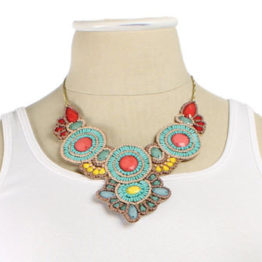 Turquoise Bib Statement Necklace - Turquoise Yellow Pink Gray Multi Color Bib Necklace