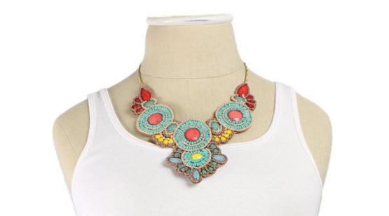 Turquoise Bib Statement Necklace - Turquoise Yellow Pink Gray Multi Color Bib Necklace
