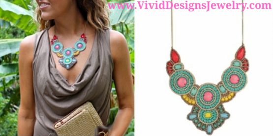 Turquoise Bib Statement Necklace -Turquoise Yellow Pink Gray Multi Color Bib Necklace