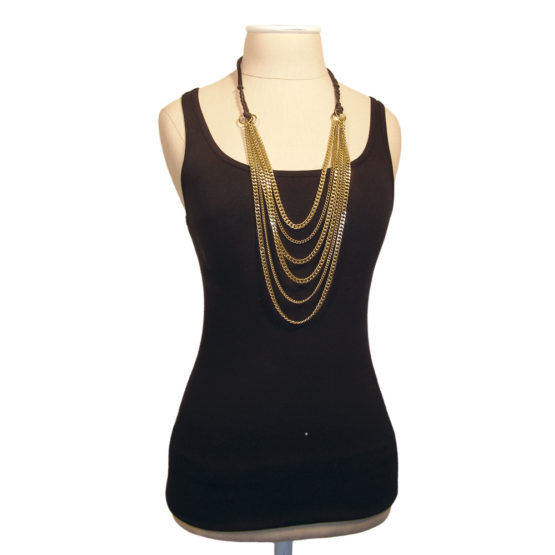 Long Gold Layered Chain Necklace -6 Line Metal Graduating Curb Chain Statement Necklace