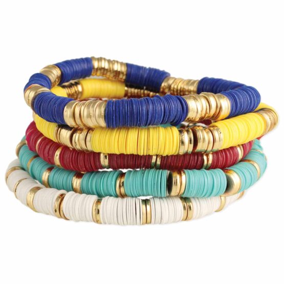Elegant Colorful Set Of Bohemian Heishi & Gold Bracelets